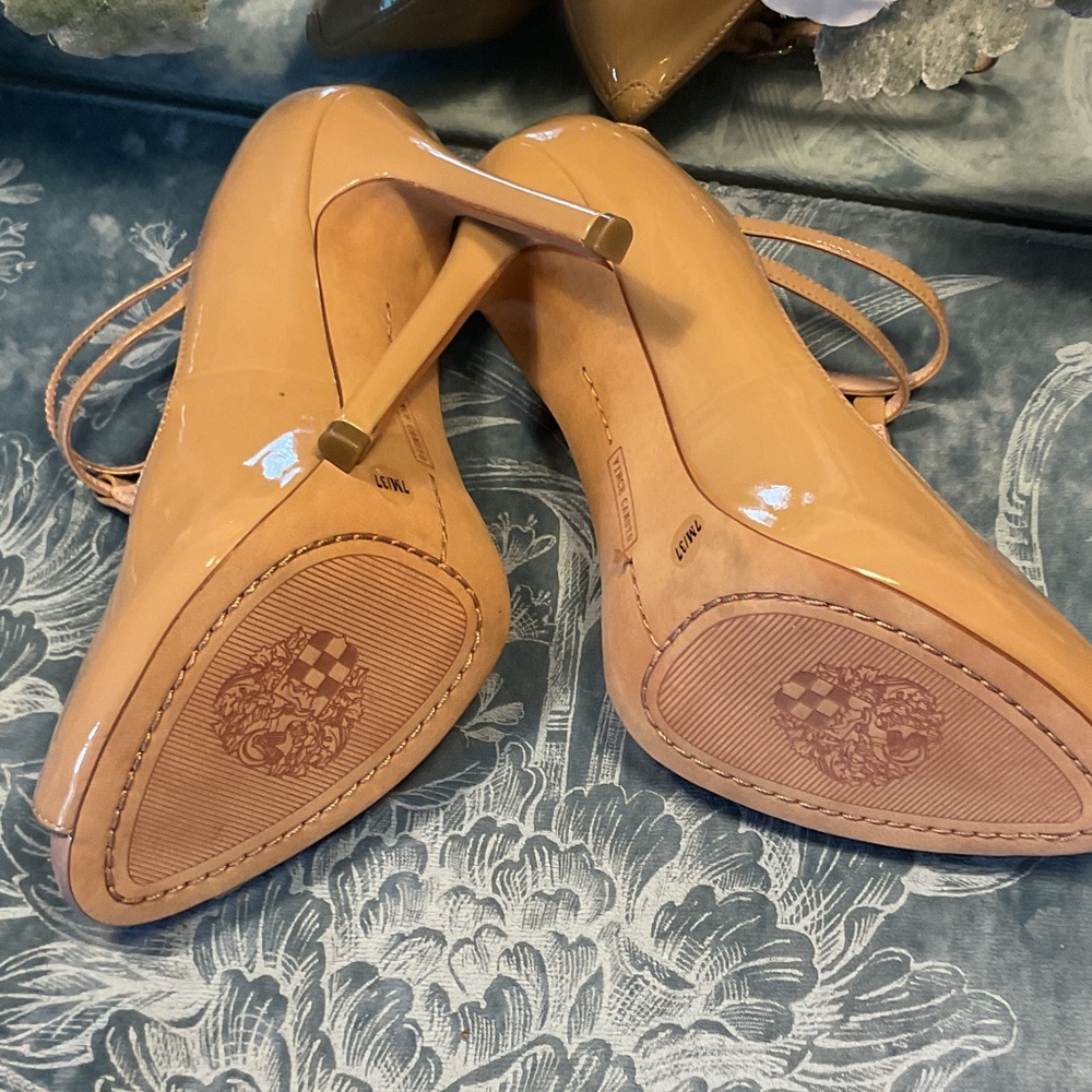 Vince Camuto Nude Patent T-Strap Peep-Toe Heels - Picture 5 of 7